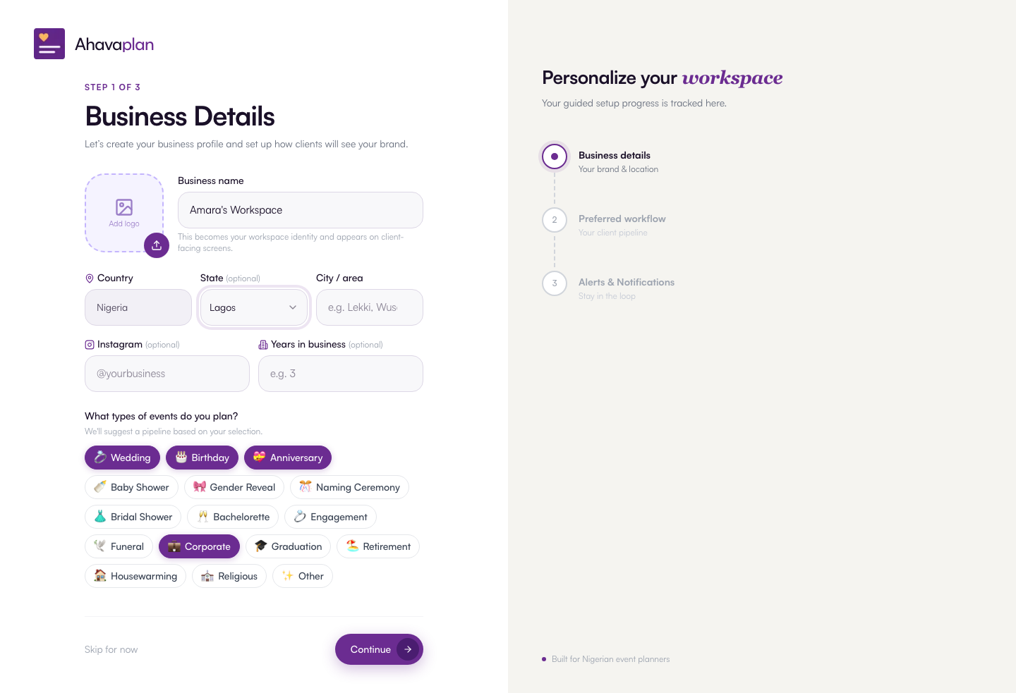 Onboarding flow personalising the workspace with 17 event types — Wedding, Birthday, Anniversary, Baby Shower, Naming Ceremony, and more